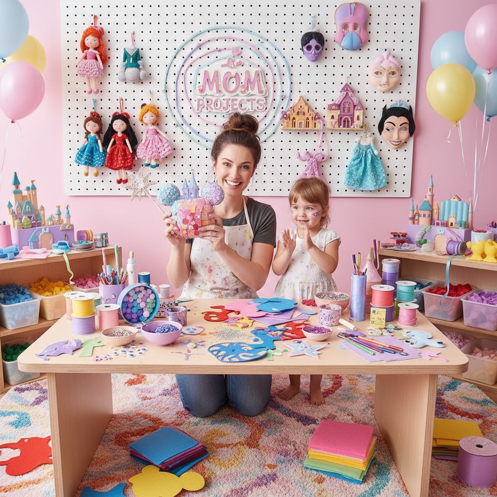 A woman and a little girl are sitting at a table covered with art supplies, smiling at the camera. She wears an apron stai...