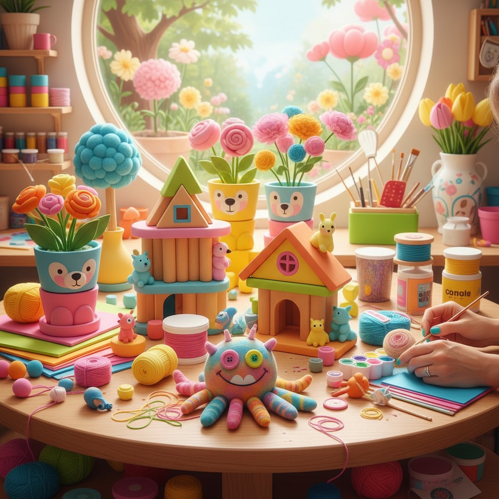 A workshop scene featuring a table cluttered with yarn, felt, paint, and other crafting materials, surrounded by colorful ...