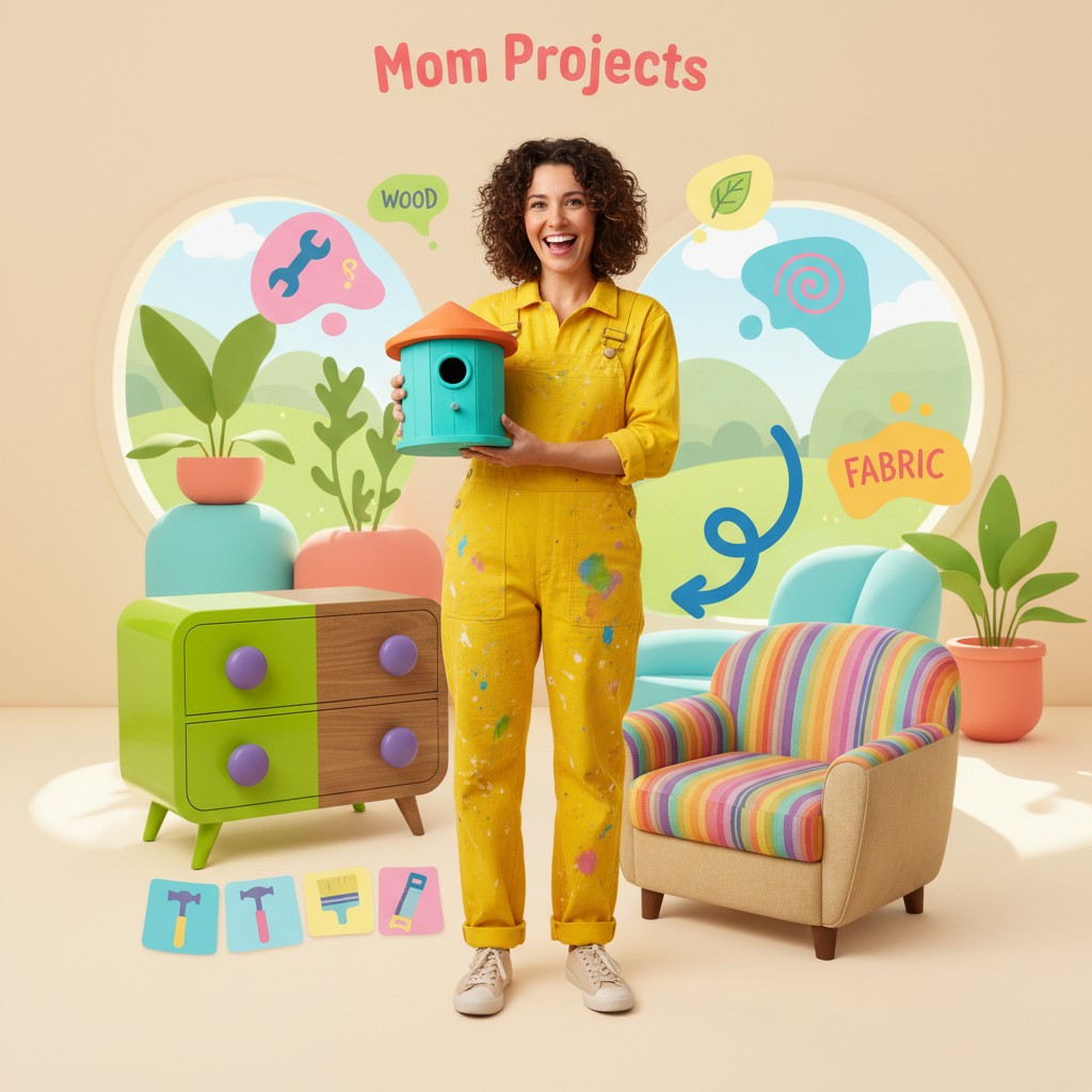 image of a woman in yellow coveralls holding a birdhouse, surrounded by colorful furniture and plants, with a backend like...
