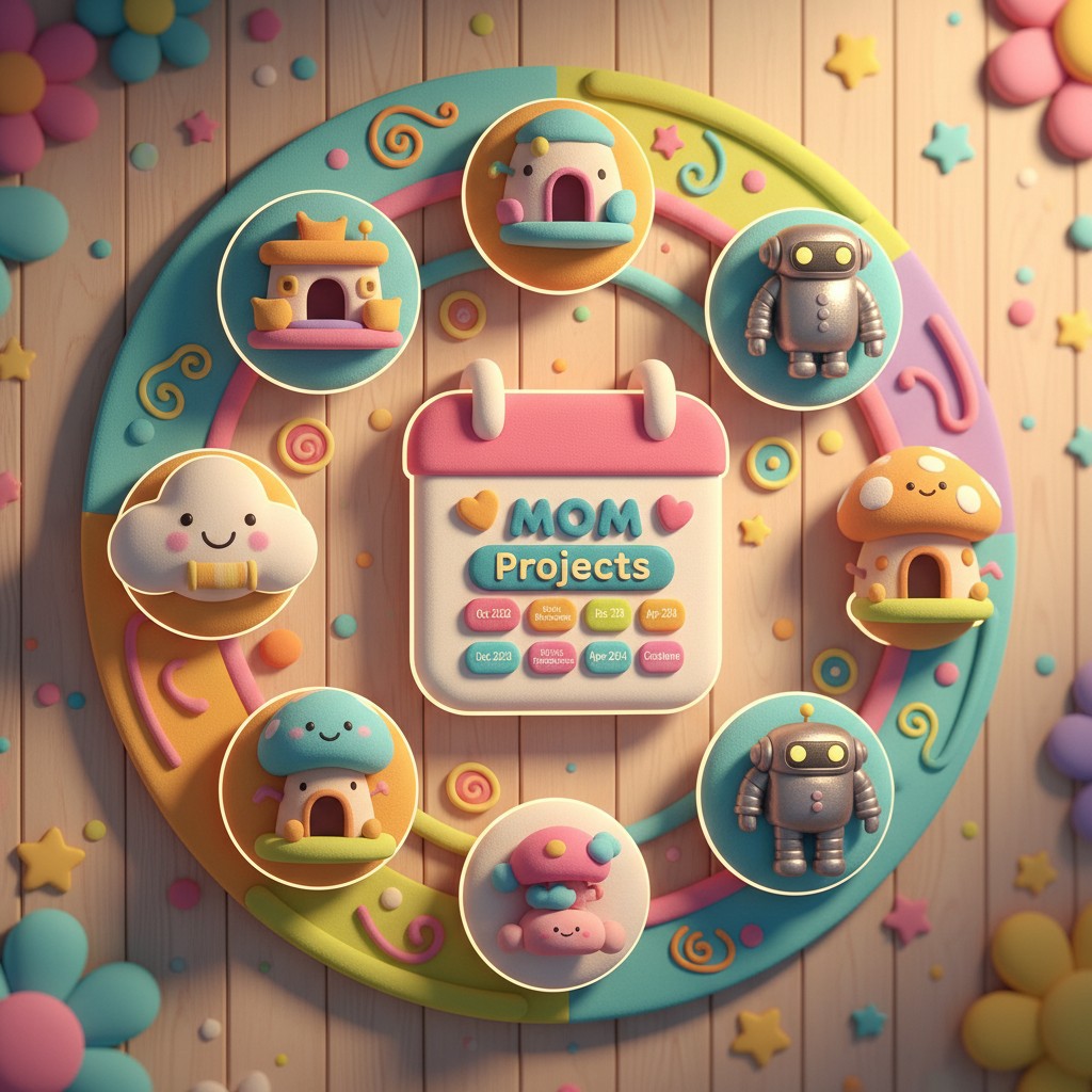 Cute colorful children interactive UI with 3D home element, music nut, robot and an empty calendar with start and stop dat...