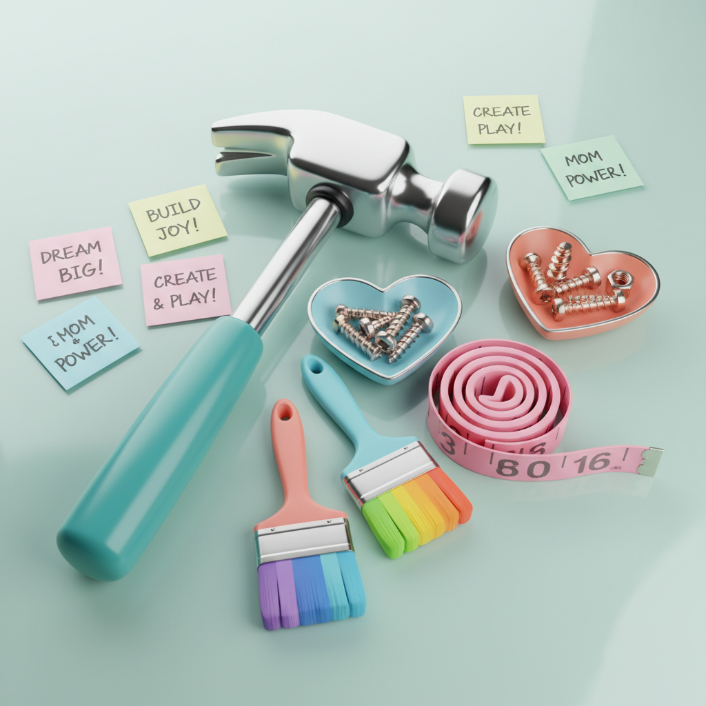 A dynamic flat lay of essential DIY home improvement tools with oversized, playful silhouettes: a teal-handled hammer, a bubblegum-pink measuring tape curled in a whimsical spiral, soft-edged paintbrushes with rainbow-dipped bristles, and chunky hardware neatly organized in heart-shaped trays. All items are laid on a light mint-green tabletop with subtle glossy finish, surrounded by scattered, color-coordinated sticky notes. Studio lighting is used to create crisp, bright highlights and gentle, rounded shadows. The mood is energetic and imaginative, with a slight tilt in the camera angle for energetic composition, photographic realism, and a look tailored for a fun-loving, adventurous mom project blog.